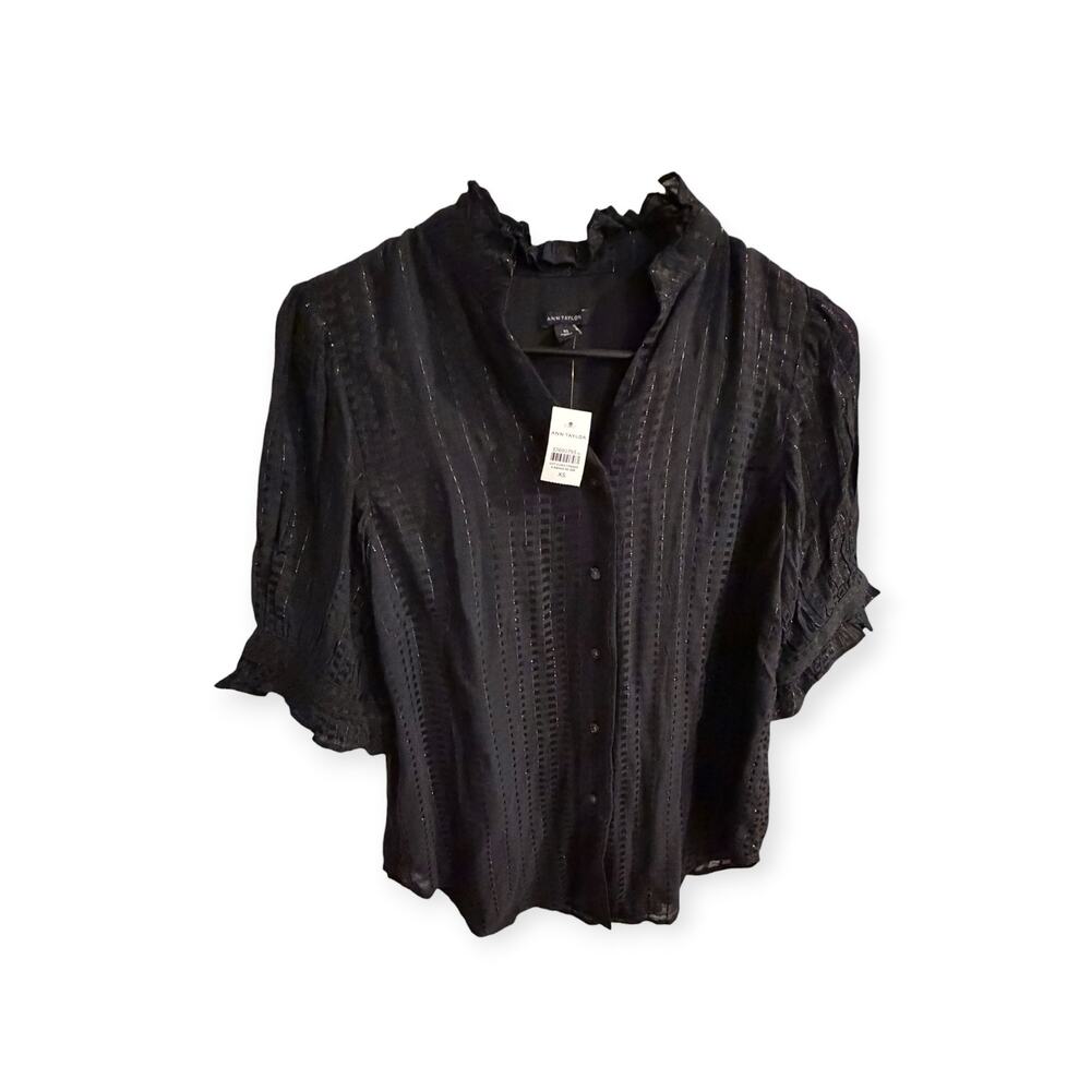 Ann Taylor Black Metallic Pinstripe Ruffle Puff Sleeve Blouse XS NWT